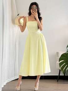 Firerie 女士优雅简约夏季海滩度假黄色褶皱纹理面料吊带背心中长款 A 字裙 - 黃色 - 查看 7