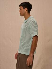 Musero Textured Knit Oversized Button Up Sweater Shirt - Mint Blue - View 2