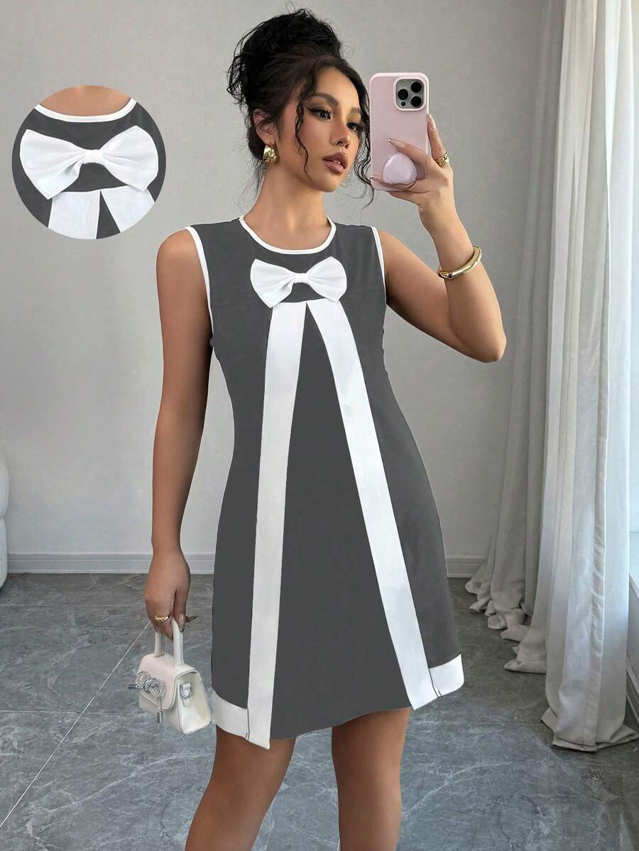 Elenzga Abito casual ed elegante da donna per primavera ed estate, a maglia, con collo rotondo, decorazione fiocco, linea ad A, corto e aderente