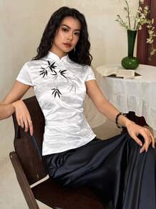 EastFlair Women's Elegant Embroidery Jacquard Button-Up Collar T-Shirt - White - View 2