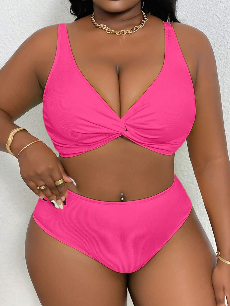 Slaydiva Plus Size Women Solid Color Twist Cami Tankini Set, Casual Vacation Swimsuit For Summer
