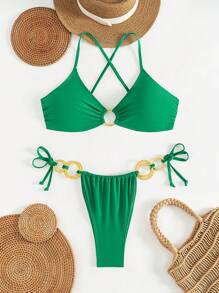 SHEIN Swim 2PCS Women's Sexy Criss-Cross Strap Gold Ring Green Bikini Swimsuits, For Beach, Pool Party, Summer - Green - View 1