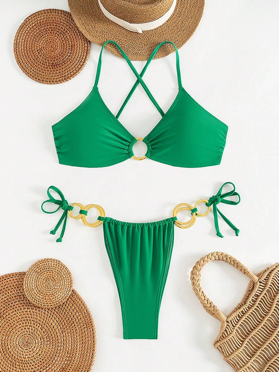 SHEIN Swim 2PCS Women's Sexy Criss-Cross Strap Gold Ring Green Bikini Swimsuits, For Beach, Pool Party, Summer - Green - View 1