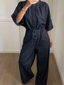 Livesso 女士圆领短袖连体裤，休闲都市街头牛仔连体裤 - 深色水洗藍 - 查看 2