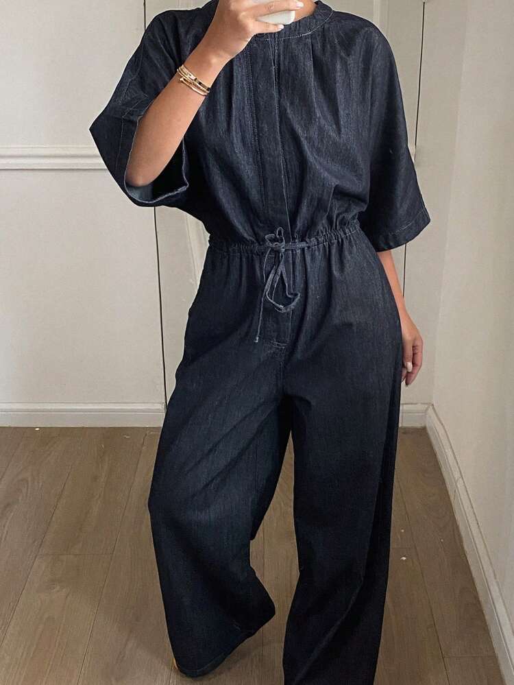 Women's Round Neck Short Sleeve Jumpsuit, Casual Urban Streetwear Denim Jumpsuit