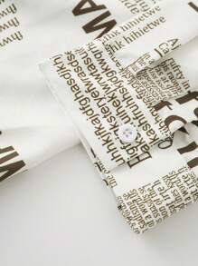 Plus Size Newspaper Print Button Front Long Sleeve Casual Dress - Brown - View 7