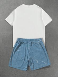 Manfinity EMRG Conjunto de Camiseta de Manga Curta e Shorts Simples e Fashion Plus Size Masculino, Adequado para o Verão, Conjunto de Shorts Hip Hop Masculino de Duas Peças - Multicolorido - Visão 2