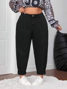 SHEIN CURVE+ 大码休闲简约纯色锥形牛仔裤 - 黑色 - 查看 3