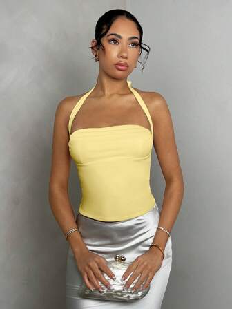 Glamine Sexy White Color Backless Ruched Sleeveless Tank Top, Going Out Tank Top,Women Party Top,Holiday Carnival Tank Top