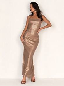 Glamine Elegant Metal Look Sequin Bodycon Party Dress - Coffee - View 3