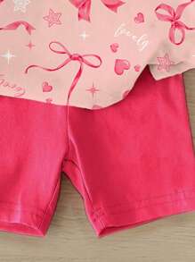 SHEIN Cute Sweet Bow Heart Star Print Pink Baby Girl Casual Round Neck Short Sleeve T-Shirt & Leggings 2 Pieces Set, Suitable For Spring/Summer - Multicolor - View 6