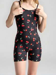 Tween Girls' Casual Cherry Print Cami Romper - Black - View 9