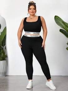 SHEIN CURVE+ Women's Plus Size Black Knitted Sporty Crop Top And Skinny Leggings Two Pieces Set