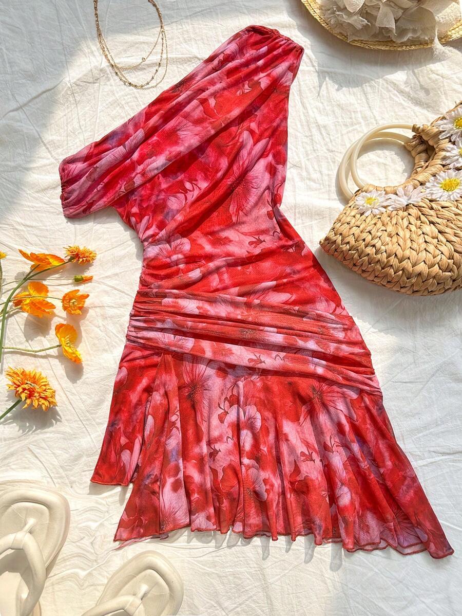 SHEIN Unity 女士不对称花卉印花连衣裙，不对称领口，适合度假 - 紅色 - 查看 1