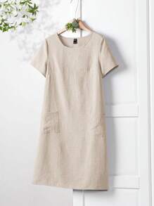 Rusticease Women Plain Round Neck Short Sleeve Pocket Straight Casual Mini Dress Dresses For Women Summer,Bohemia