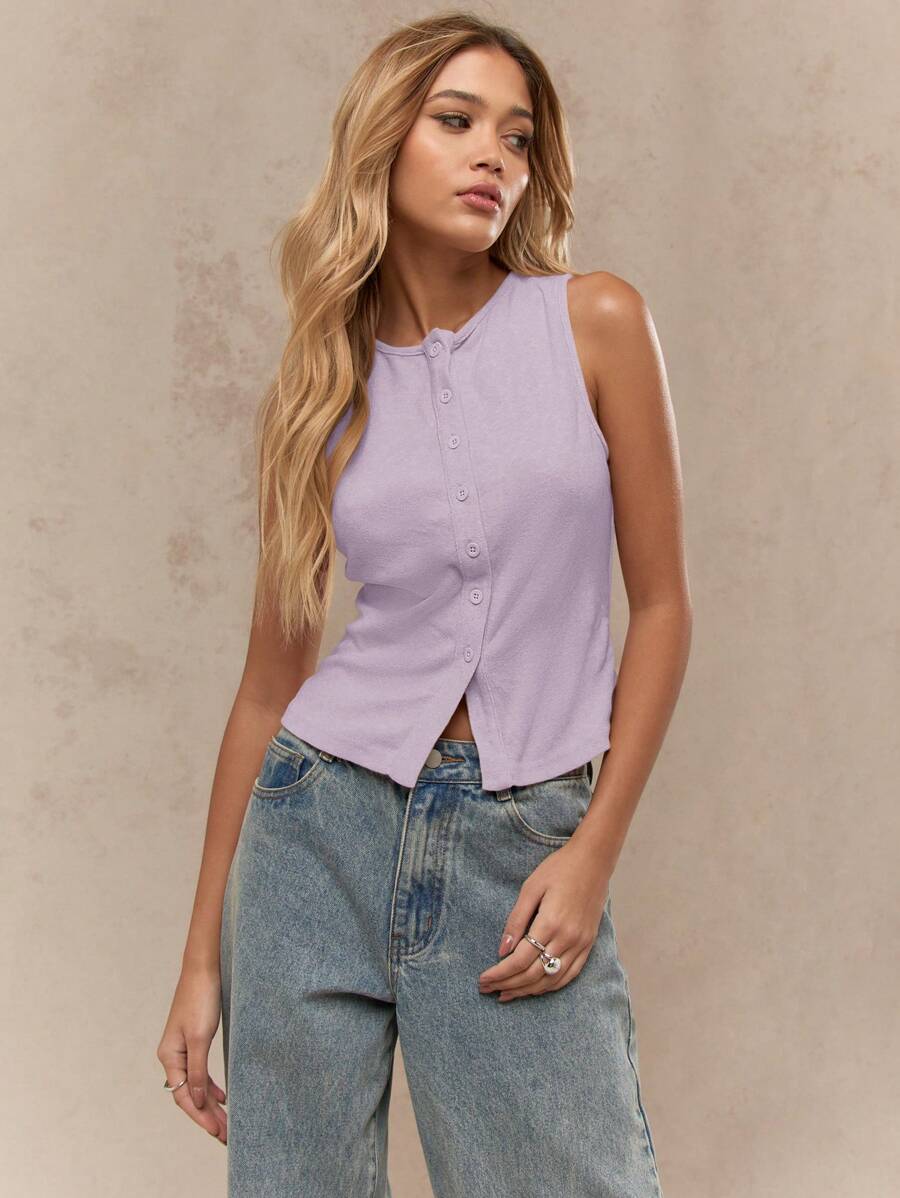 MISSGUIDED Button Front Sleeveless Tank Top Ribbed Knit Summer Casual Basic Crop Top Fitted Athletic Yoga Workout Tank Top - Mauve Purple - View 1