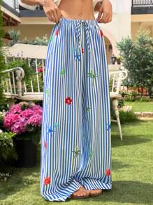 SHEIN EZwear New Summer Casual Striped Loose Wide Leg Pants For Vacation - Blue and White - View 5