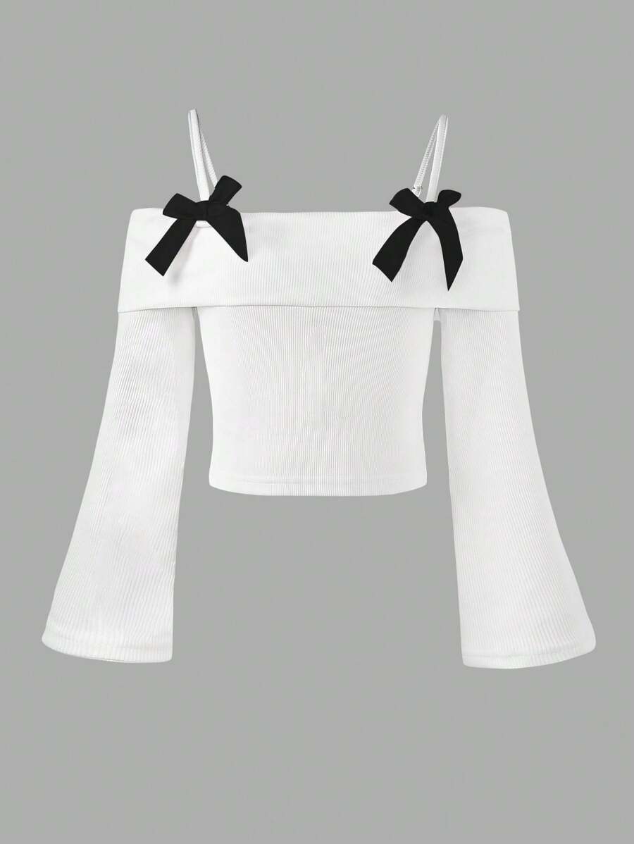 Elladie kids 这款专为少女设计的新款长袖吊带背心，采用露肩设计和蝴蝶结装饰，现已上市。它舒适、时尚、优雅、甜美、可爱、活泼、独特，是少女装扮的必备单品。 - 白色 - 查看 1