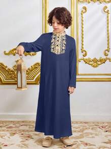 Tween Boy Gold Floral Print Long Sleeve Long Dress Shirt