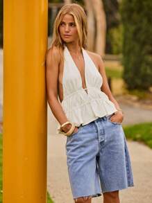 Aralina Boho Sexy White Deep V Neck Peplum Halter Summer Going Out Top - White - View 7