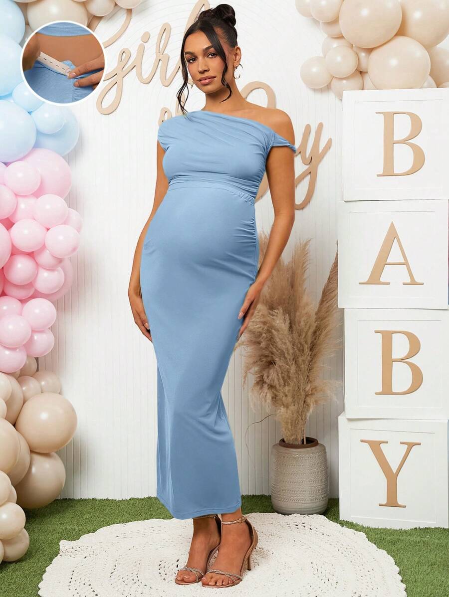 Loomaby 2 chiếc/bộ váy bầu hở vai bất đối xứng cho tiệc chào đón em bé - Màu xanh nhạt - Xem 1