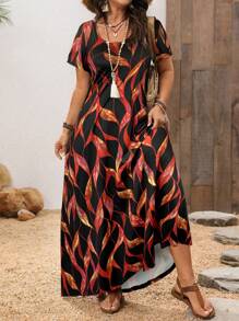 EMERY ROSE Plus Size Women Blue Printed Square Neck Long Dress - Red - View 5