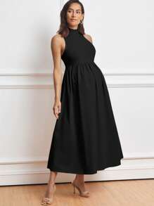 MaterniWear Maternity Solid Coloured Stand Collar Sleeveless Elegant Dress - Black - View 6