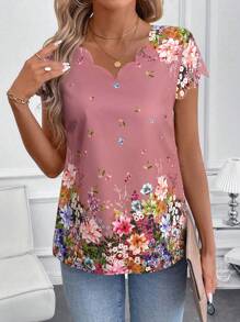 SHEIN Clasi 女士休闲碎花短袖衬衫，春季 - 藕粉色 - 查看 6