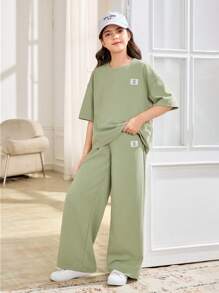 SHEIN 2 件套 Tween 女童休闲简约舒适圆领短袖 T 恤和裤子套装 - 薄荷綠 - 查看 5