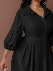 Maweii Dimensiuni plus mari, culoare solidă, guler cămașă, buton în față, mânecă mijlocie, plisată, ocazională, rochie midi, ținută maxi pentru femei