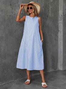 EMERY ROSE Vestido de algodón con cuello redondo, de rayas tejido, con doble bolsillo, bajo en línea A, para verano