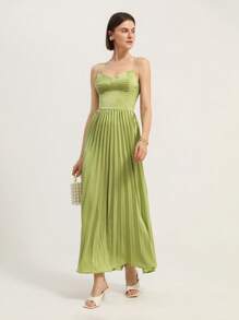 Chiquease Vestido largo elegante y romántico de estilo francés para mujeres, de color liso, con tirantes de espagueti, cintura alta y bajo plisado - Verde - Ver 6