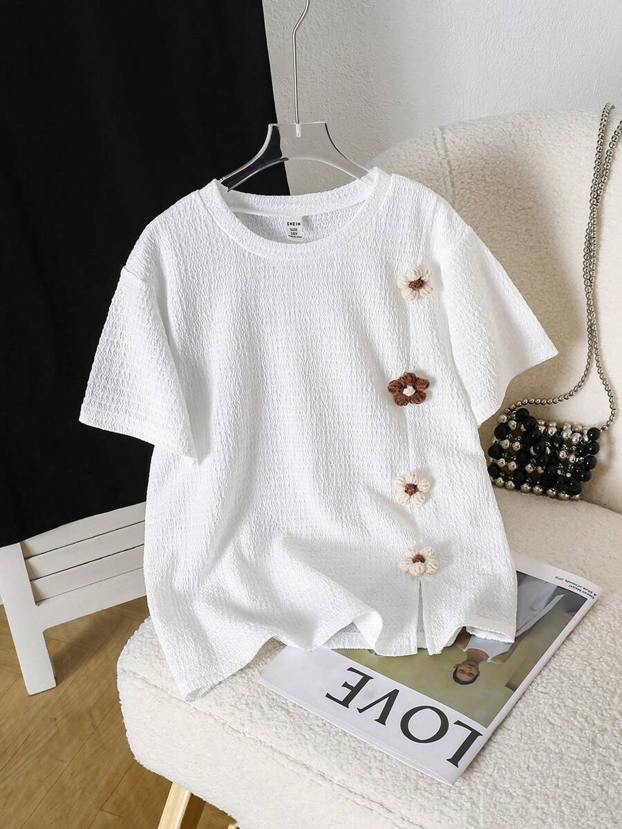 Girls Casual Vacation Ribbed Knit Top With 3D Floral Print & Side Slits,Holiday,Summer,Travel - White - View 1