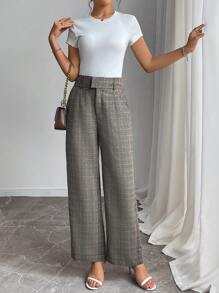 SHEIN Clasi 女士格纹褶皱阔腿宽松优雅西装裤 - 黑與白 - 查看 1