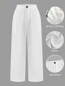SHEIN PETITE Pantalones casuales holgados de talla grande para mujer con primavera/verano, color blanco con botones decorativos negros, cintura elástica y bolsillos reales. Versátiles y cómodos para el transporte, salidas y uso diario