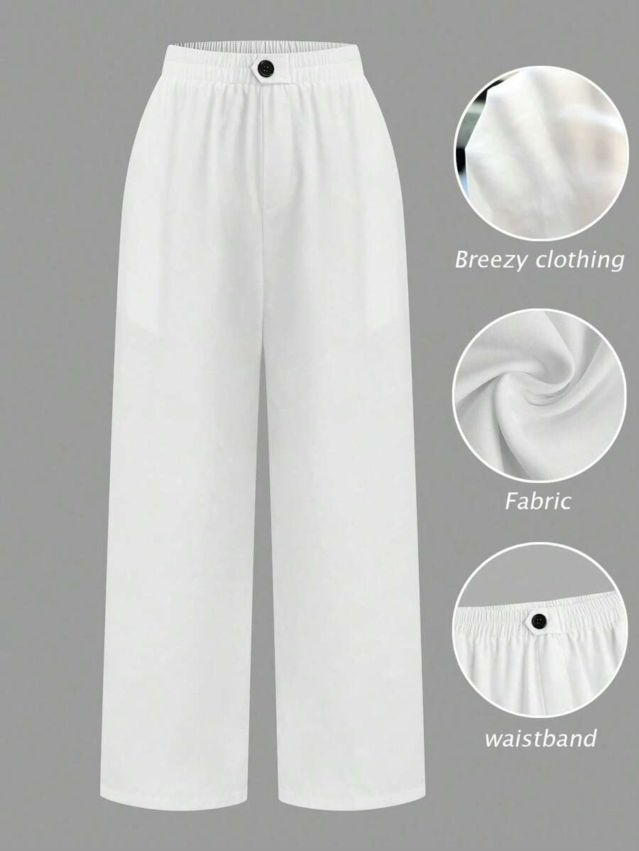 SHEIN PETITE Pantalones casuales holgados de talla grande para mujer con primavera/verano, color blanco con botones decorativos negros, cintura elástica y bolsillos reales. Versátiles y cómodos para el transporte, salidas y uso diario