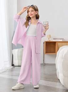 SHEIN Tween Girls Casual Street Striped Loose Drop Shoulder Shirt + Striped Loose Wide Leg Pants 3-Piece Set - Baby Pink - View 3
