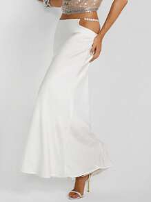 Aloruh Falda maxi elegante y minimalista de satén blanco sólido, silueta de sirena, adecuada para boda, vacaciones, fiesta, cita - Nueva llegada de primavera/verano para mujer