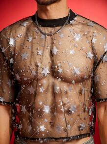 FeverCity Men's Star Mesh Round Neck Short Sleeve Cropped T-Shirt - Multicolor - View 5