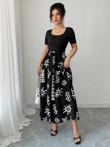 EMERY ROSE 女式夏季纯色花卉印花拼布休闲连衣裙 - 黑色 - 查看 6