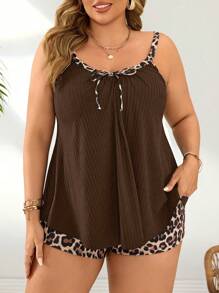 Swim Lushoire Plus Size Women's Leopard Print Black Wide Rib Fabric Casual Vacation Camisole Style Bikini Top - Coffee Brown - View 2