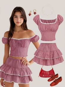 Girlism Teen Girl Spring/Summer Holiday U-Neck Ruffle Ruffle Bow Top & Plaid Ruffle Shirt With Ruffle Hem Skirt /Clothes Teen Two Pieces Outfits / Outfits For Girls Summer/ Skirt Sets For Teens/ Girl Outfit Young Girls Sets
