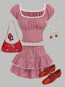 Girlism Teen Girl Spring/Summer Holiday U-Neck Ruffle Ruffle Bow Top & Plaid Ruffle Shirt With Ruffle Hem Skirt /Clothes Teen Two Pieces Outfits / Outfits For Girls Summer/ Skirt Sets For Teens/ Girl Outfit Young Girls Sets