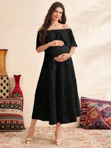 SHEIN Women's Simple Off-Shoulder Maternity Dress, Daily Wear - Black - View 4