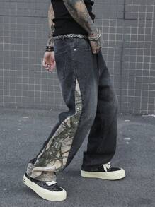Manfinity EMRG Plus Size Men's Printed Patchwork Casual Denim Jeans - Black - View 8