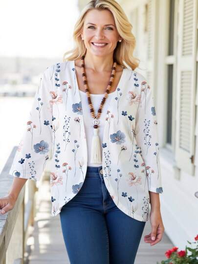 Mellowie Chaqueta estampada con flores de estilo vintage para mujer de talla grande, adecuada para otoño e invierno