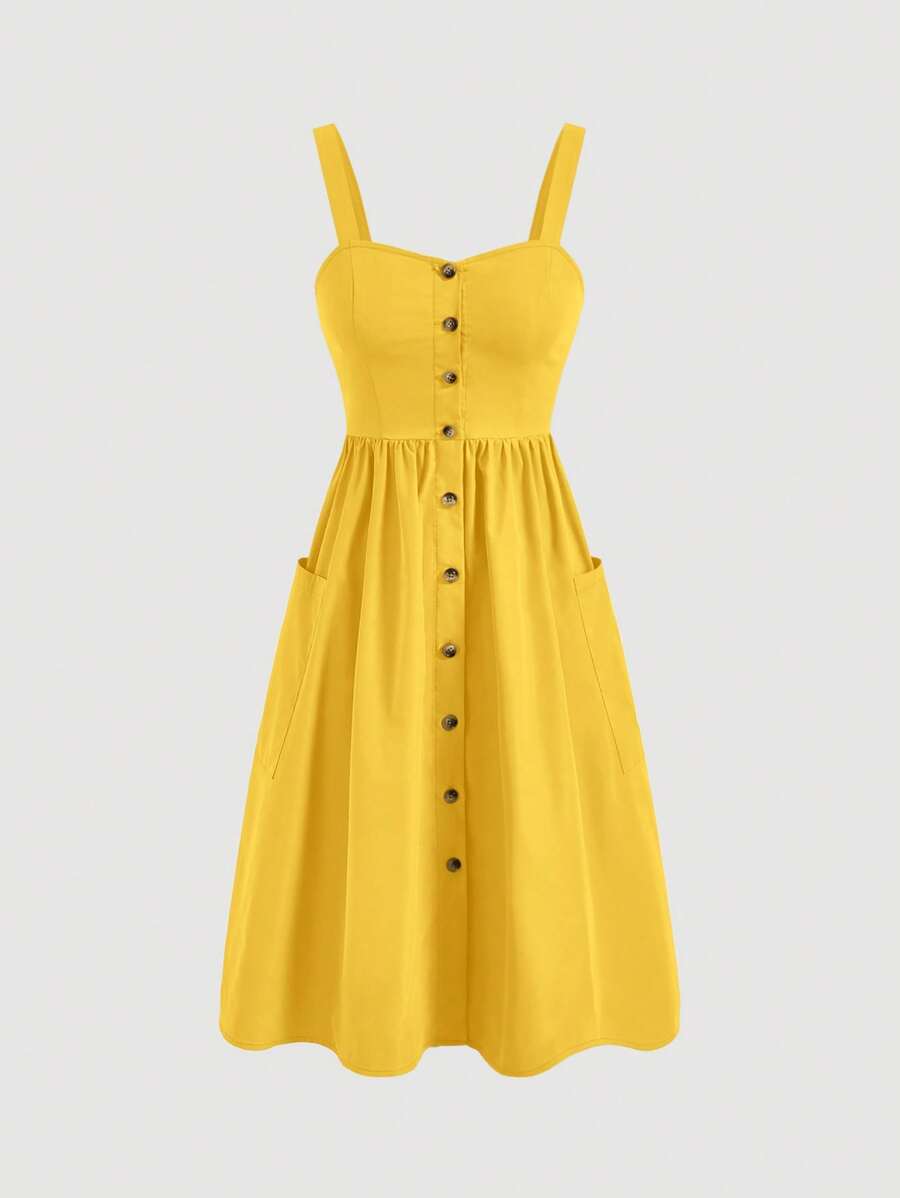 SHEIN MOD 女式纯色纽扣设计口袋休闲吊带连衣裙 - 黃色 - 查看 1