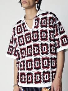 ROMWE MEN Casual Men's Loose Raglan Geometric Pattern Hollow Knitted Short Sleeve Sweater,Vacation - White - View 2