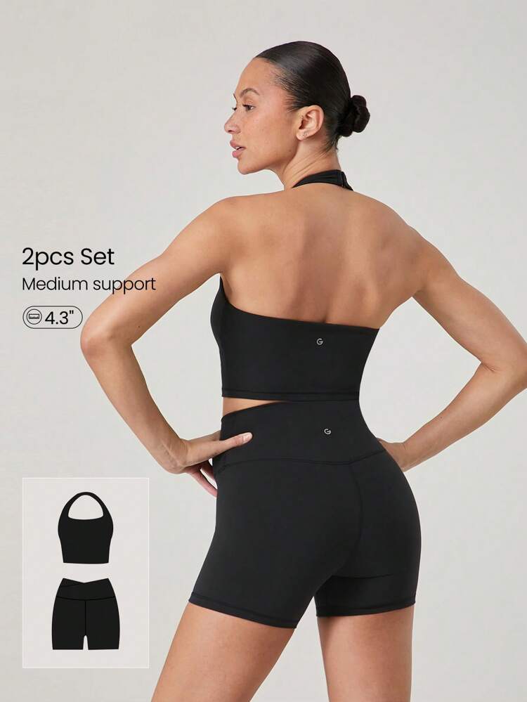 Set FeatherFit™-Sculpt composto da canotta sportiva a fascia regolabile e pantaloncini corti attivi a vita incrociata a forma di Y da 4,3", per attività fisica a impatto medio, jogging, palestra e allenamenti