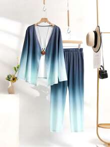 SHEIN LUNE Plus Size Casual Gradient Print Long Sleeve Shirt & Long Pants 2 Pieces Set - Green - View 1